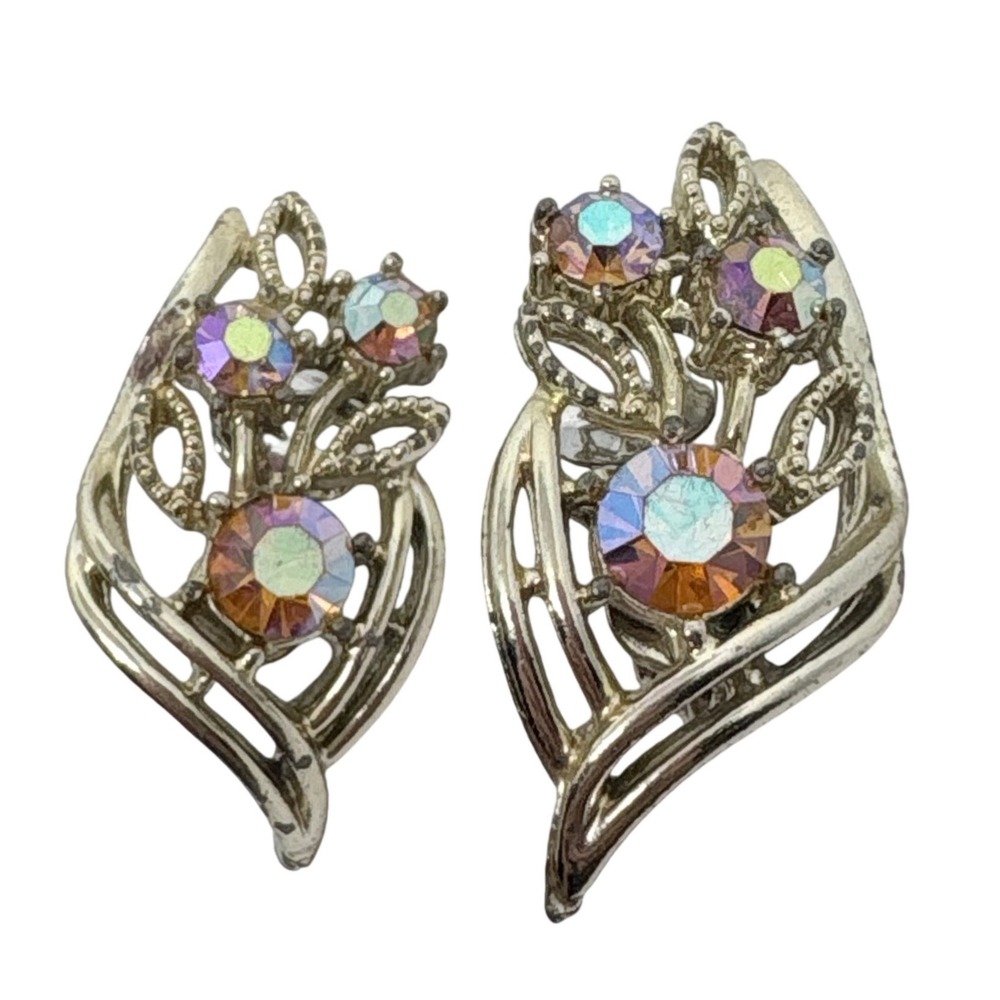Aurora Borealis AB Rhinestone Floral Clip On Earrings MCM Vintage Silver Tone